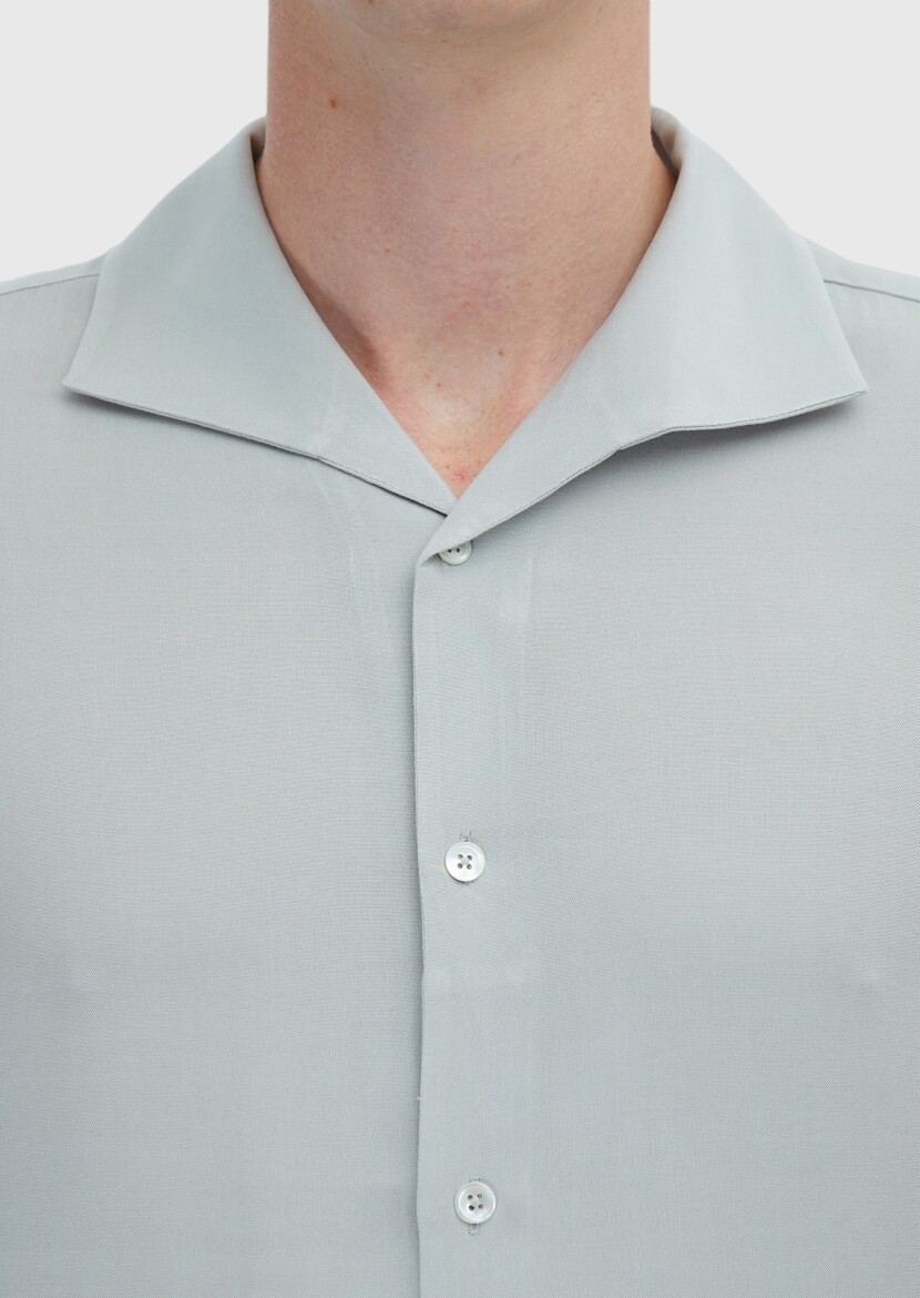 Light Grey Plain Regular Fit Long Weaving Classical Shirt - 5