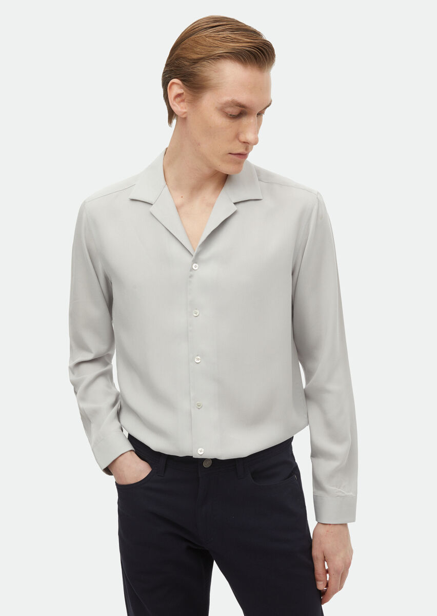 Light Grey Plain Regular Fit Long Weaving Classical Shirt - 1
