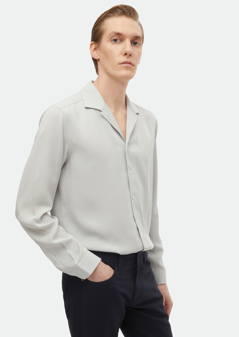 Light Grey Plain Regular Fit Long Weaving Classical Shirt - 3