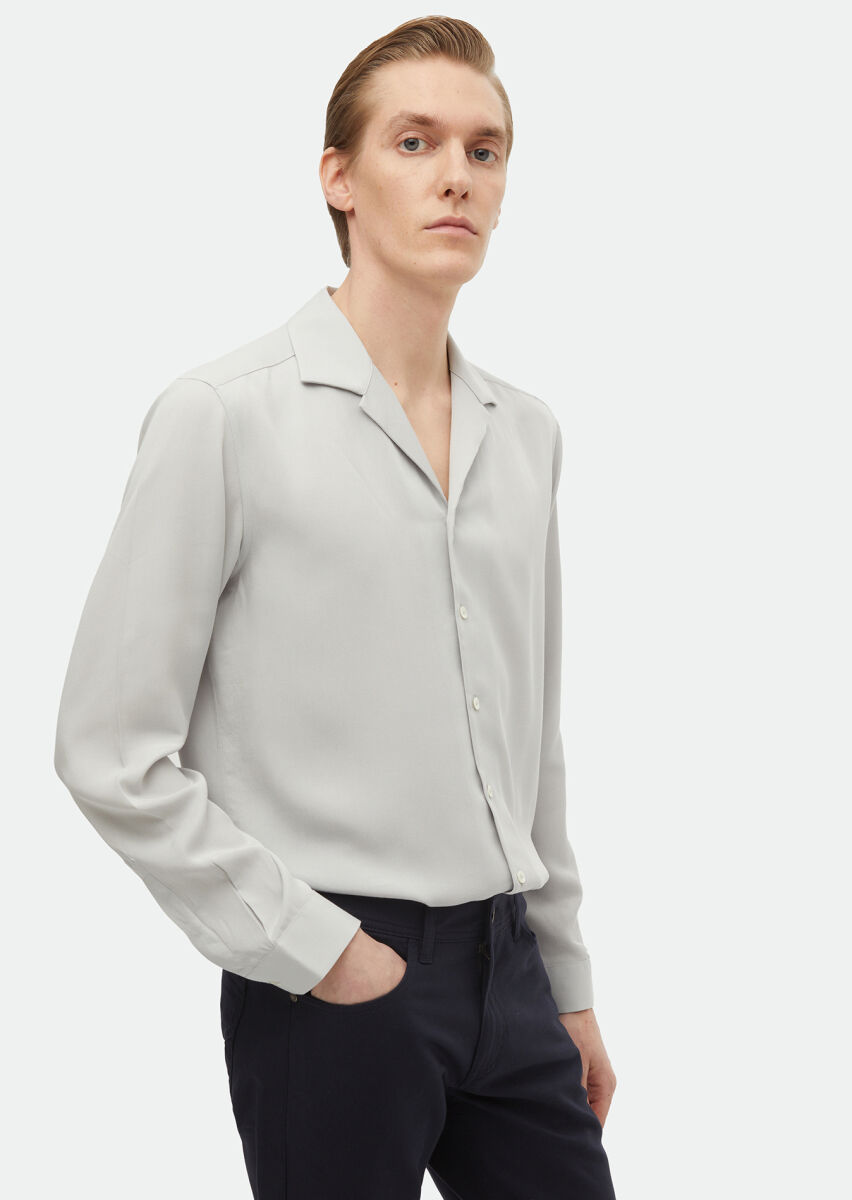 Light Grey Plain Regular Fit Long Weaving Classical Shirt - 3