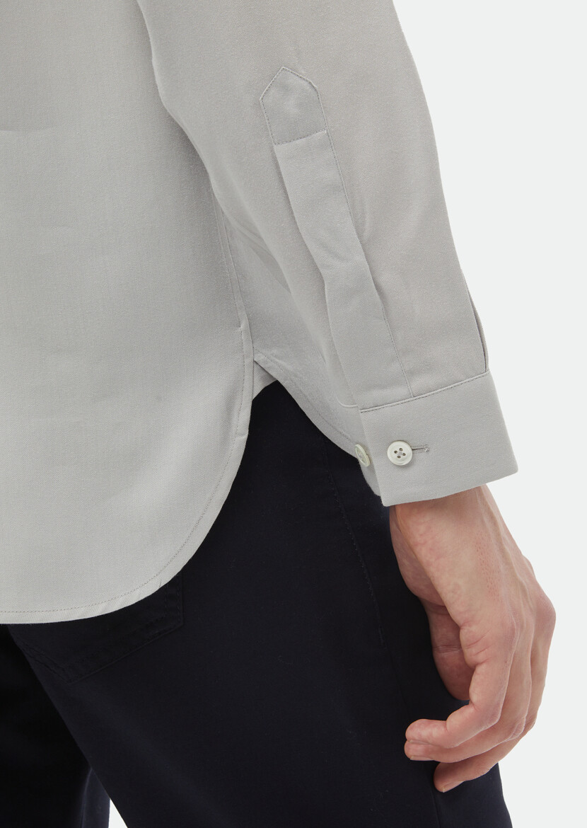 Light Grey Plain Regular Fit Long Weaving Classical Shirt - 5