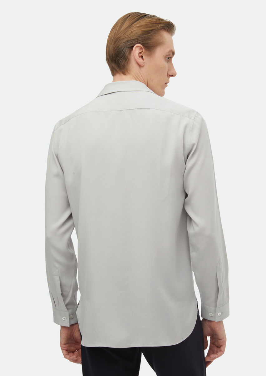 Light Grey Plain Regular Fit Long Weaving Classical Shirt - 6