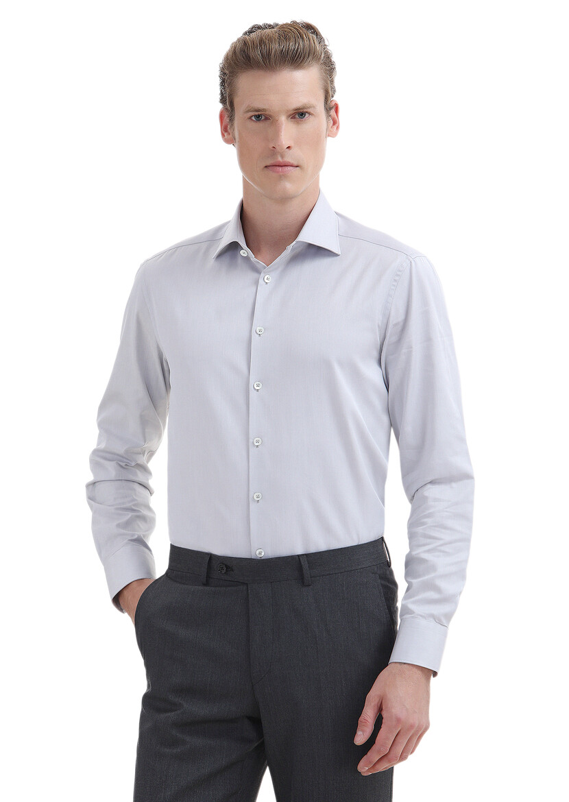 Light Grey Plain Regular Fit Weaving Classical 100% Cotton Shirt - 1