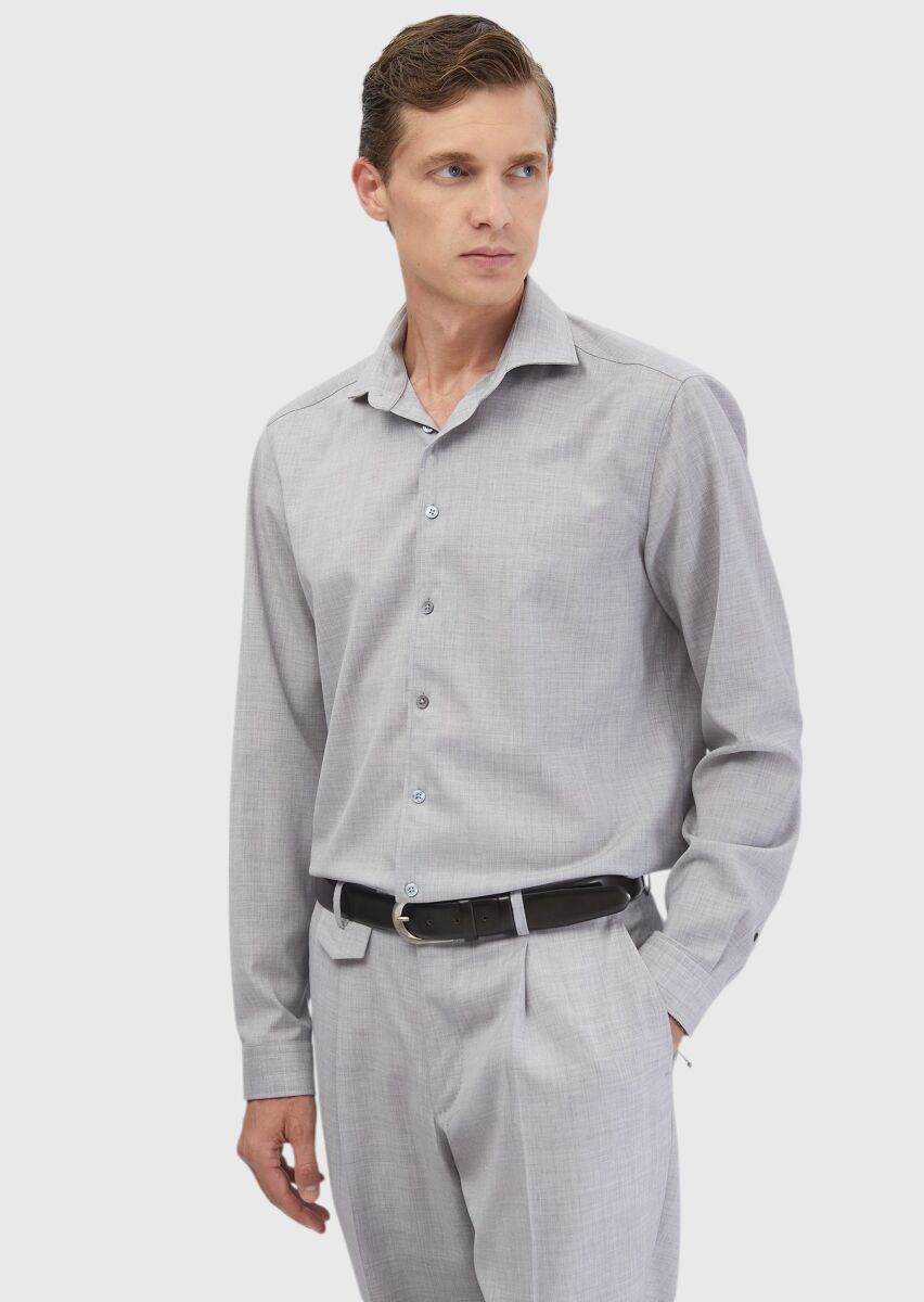 Light Grey Plain Regular Fit Weaving Classical 100% Wool Shirt - 1