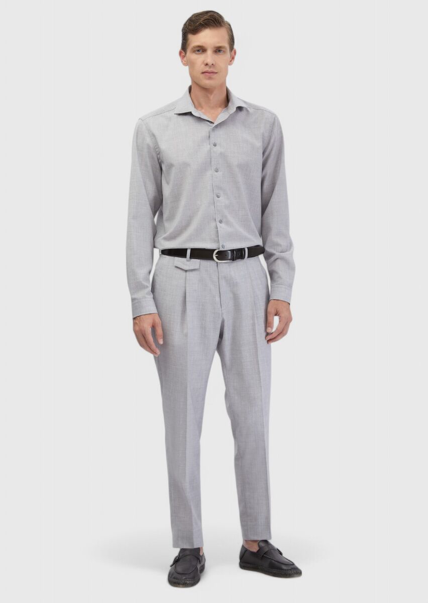 Light Grey Plain Regular Fit Weaving Classical 100% Wool Shirt - 2