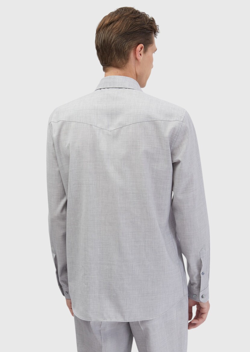 Light Grey Plain Regular Fit Weaving Classical 100% Wool Shirt - 7