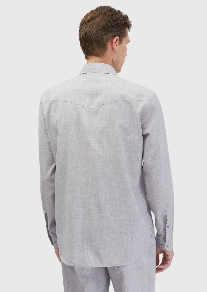 Light Grey Plain Regular Fit Weaving Classical 100% Wool Shirt - 7