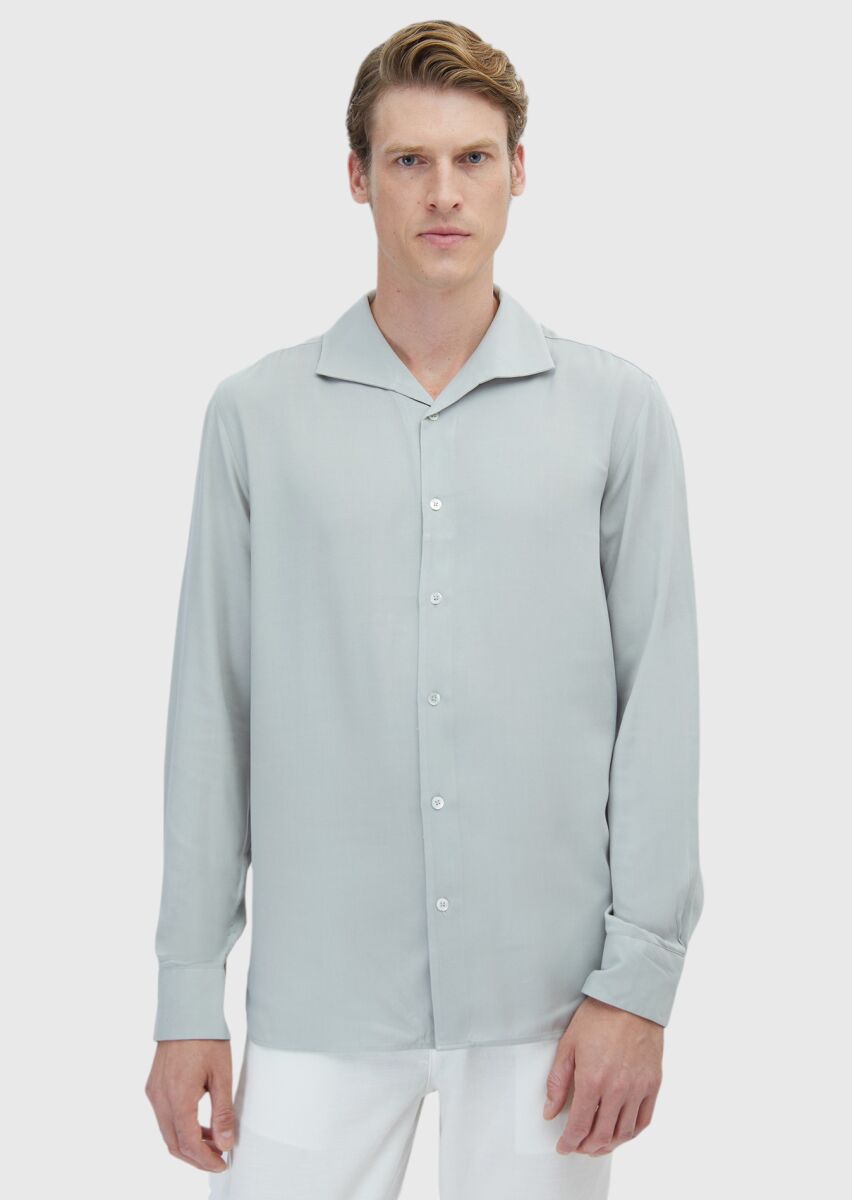 Light Grey Plain Regular Fit Weaving Classical Shirt - 1