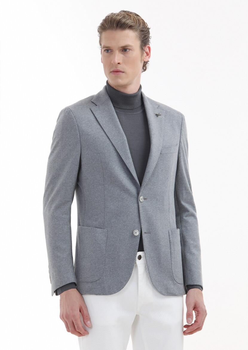 Light Grey Plain Shirt Shoulder Slim Fit 100% Wool Jacket - 1