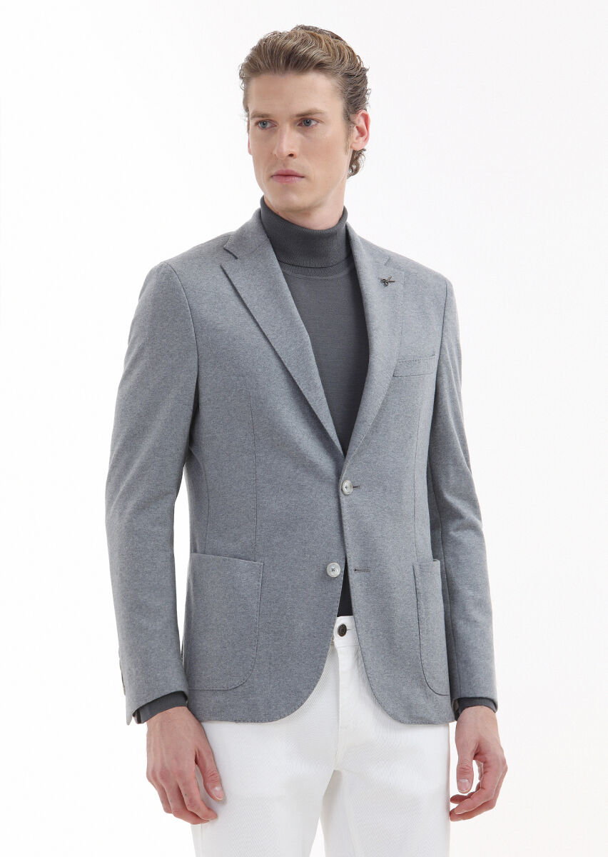 Light Grey Plain Shirt Shoulder Slim Fit 100% Wool Jacket - 1