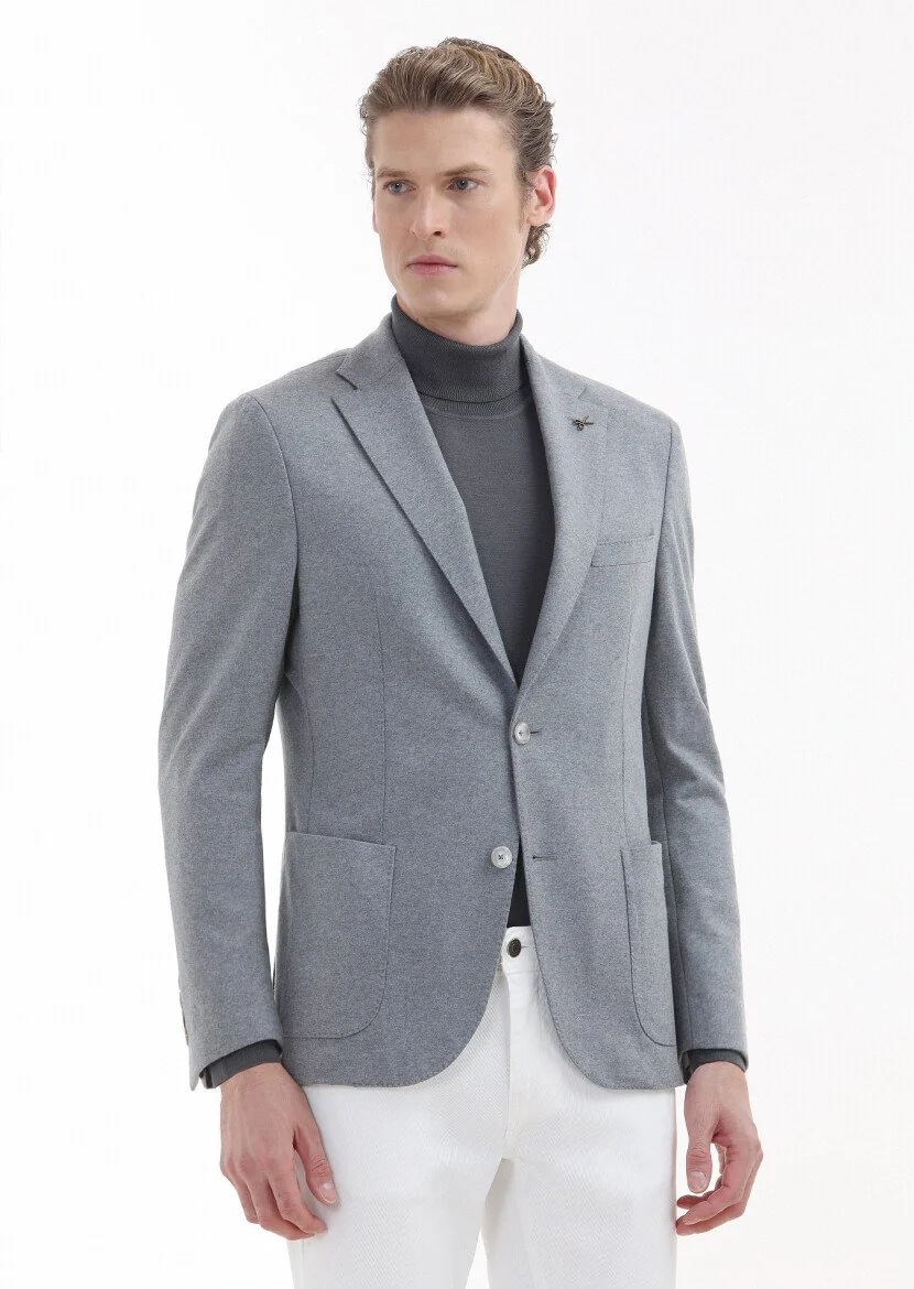 Light Grey Plain Shirt Shoulder Slim Fit 100% Wool Jacket - 1