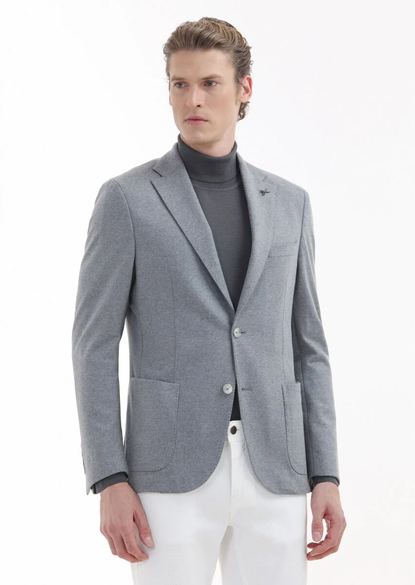 Light Grey Plain Shirt Shoulder Slim Fit 100% Wool Jacket - 1