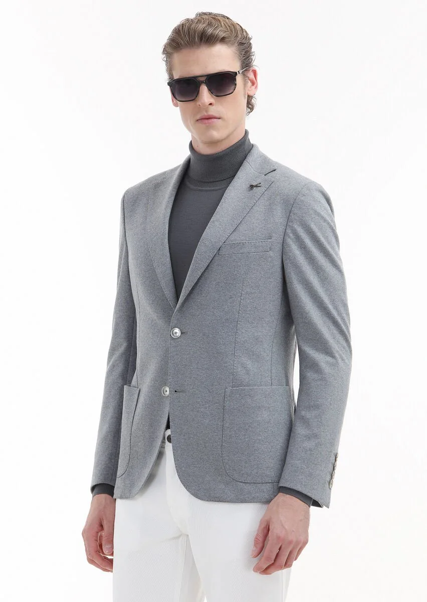 Light Grey Plain Shirt Shoulder Slim Fit 100% Wool Jacket - 3
