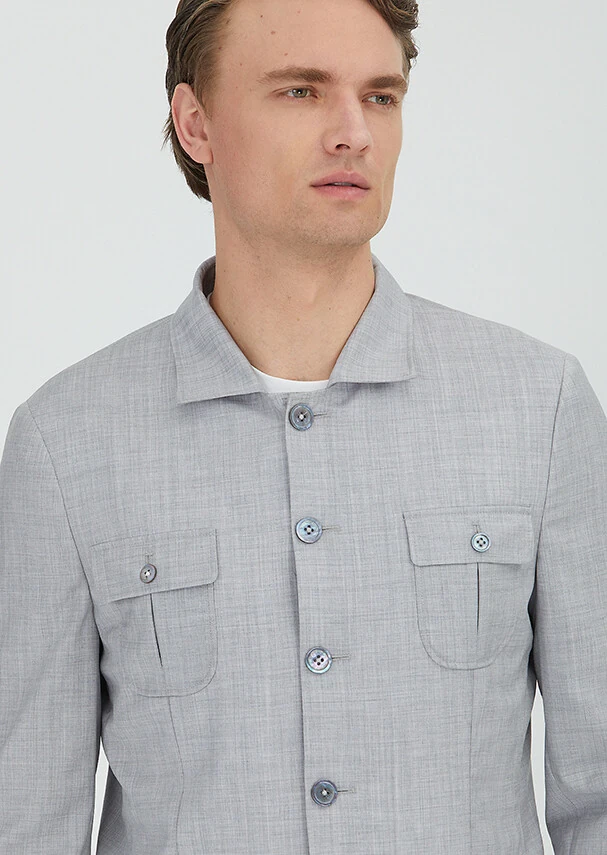 Light Grey Plain Shirt Shoulder Slim Fit 100% Wool Jacket - 3