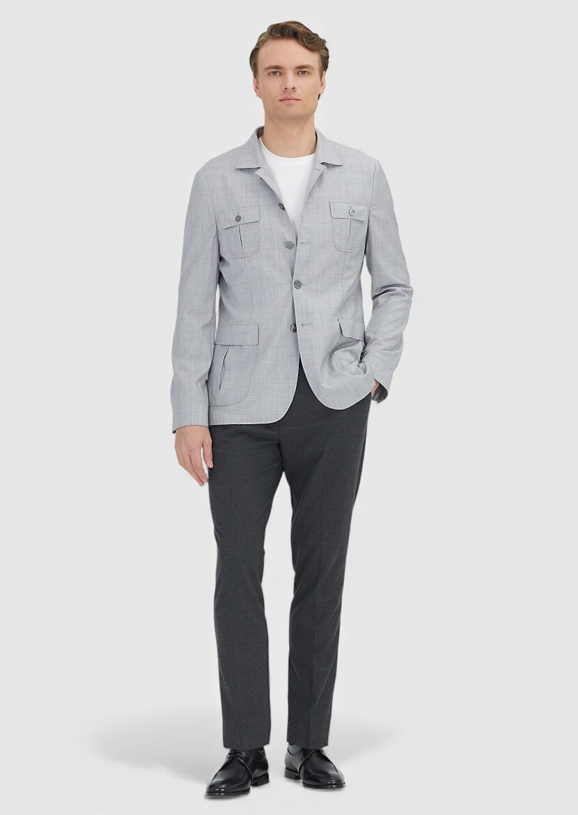 Light Grey Plain Shirt Shoulder Slim Fit 100% Wool Jacket 