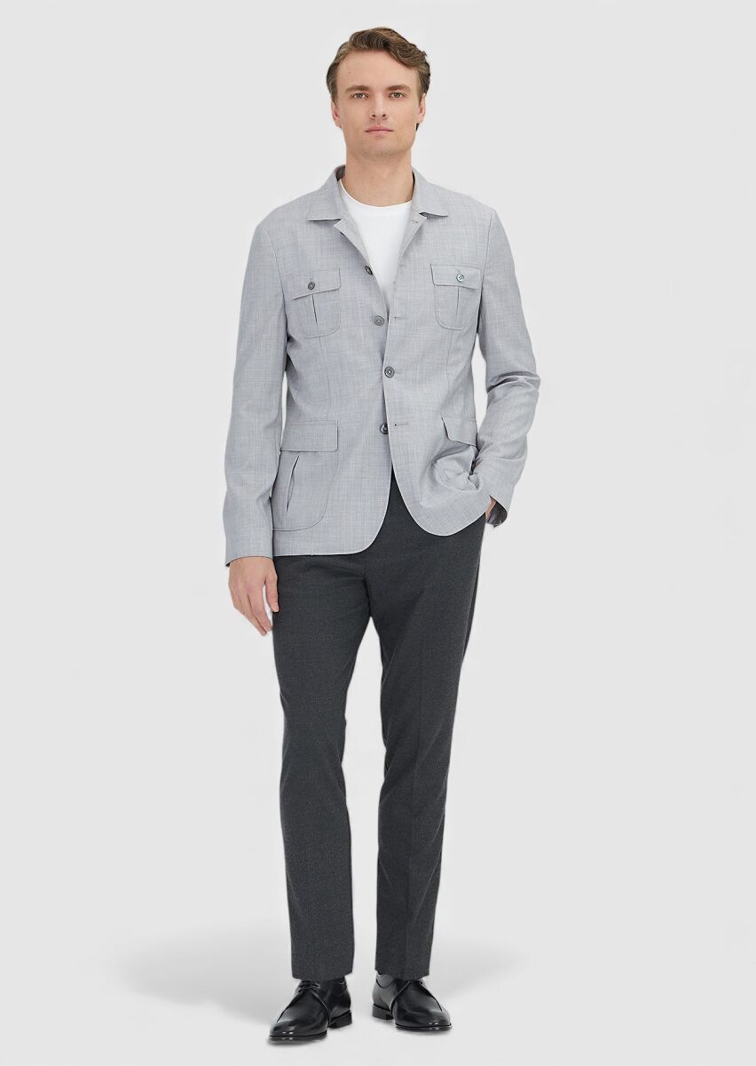 Light Grey Plain Shirt Shoulder Slim Fit 100% Wool Jacket - 2