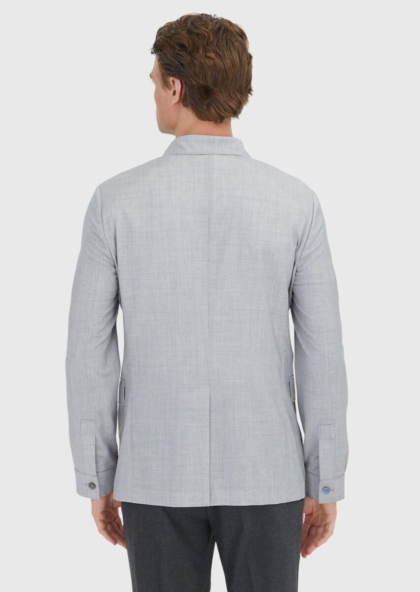Light Grey Plain Shirt Shoulder Slim Fit 100% Wool Jacket - 5