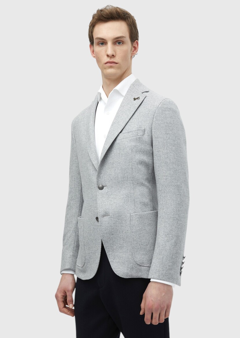 Light Grey Plain Shirt Shoulder Slim Fit Wool Blended Jacket - 1