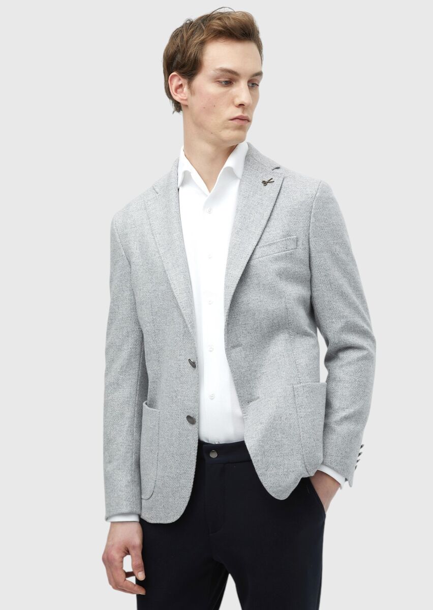 Light Grey Plain Shirt Shoulder Slim Fit Wool Blended Jacket - 3