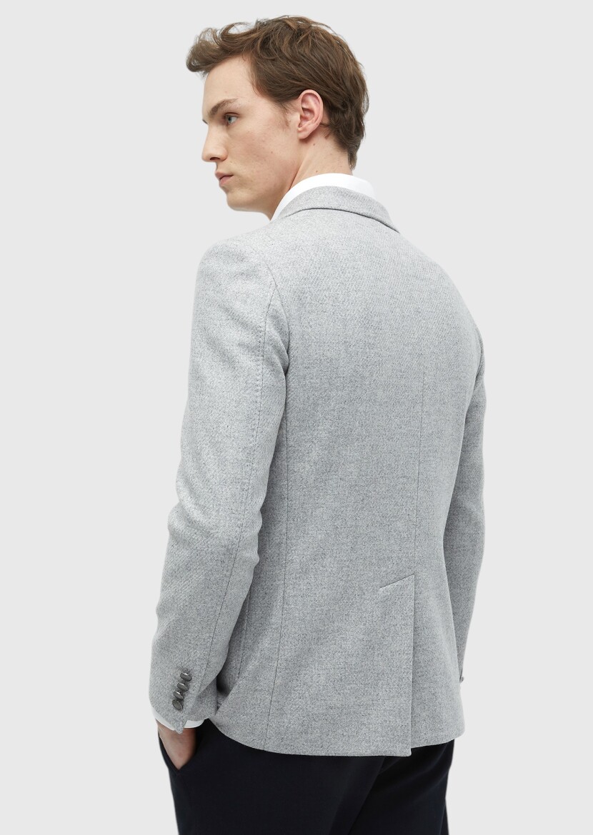 Light Grey Plain Shirt Shoulder Slim Fit Wool Blended Jacket - 6