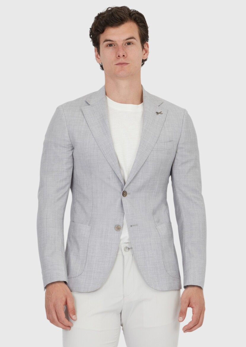 Light Grey Plain Zeroweight Slim Fit 100% Wool Jacket - RAMSEY