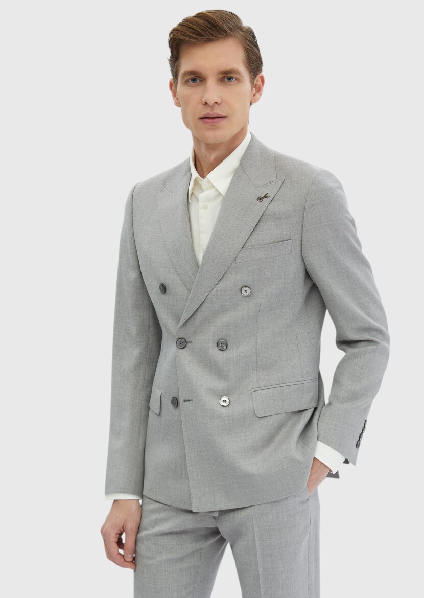 Light Grey Plain Zeroweight Slim Fit 100% Wool Suit - 1