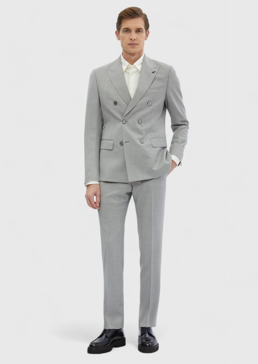 Light Grey Plain Zeroweight Slim Fit 100% Wool Suit - 2