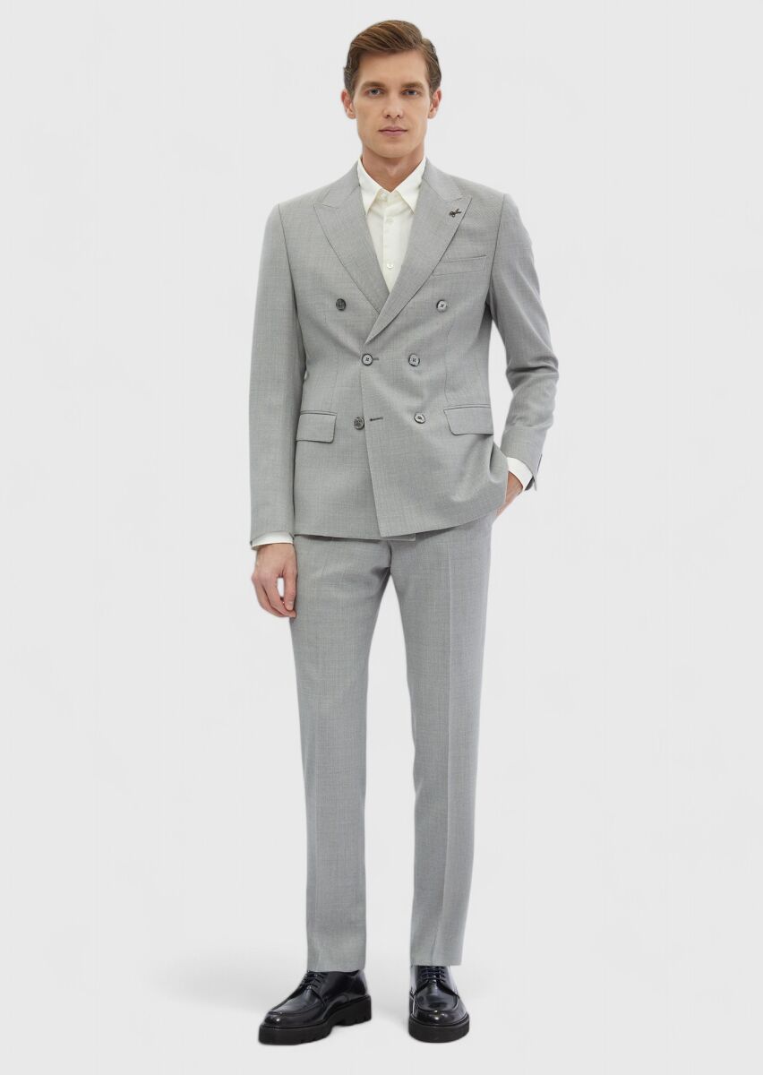 Light Grey Plain Zeroweight Slim Fit 100% Wool Suit - 2