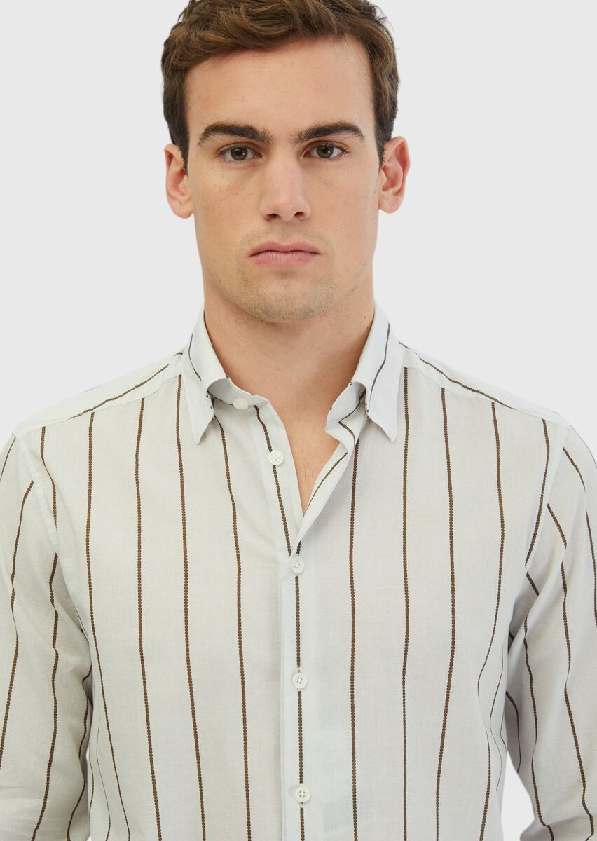 Light Grey Printed Casual Fit Long Weaving Casual 100% Cotton Shirt - 3