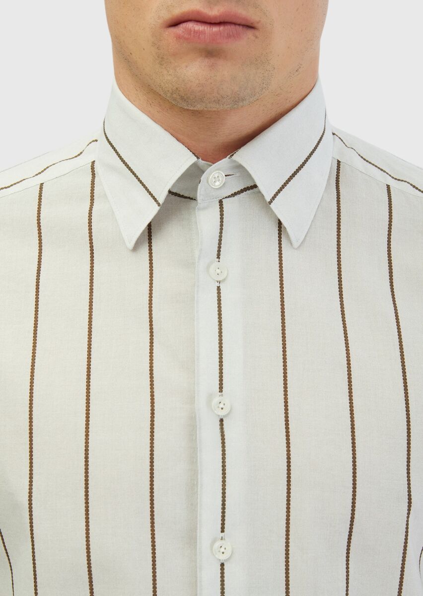 Light Grey Printed Casual Fit Long Weaving Casual 100% Cotton Shirt - 5