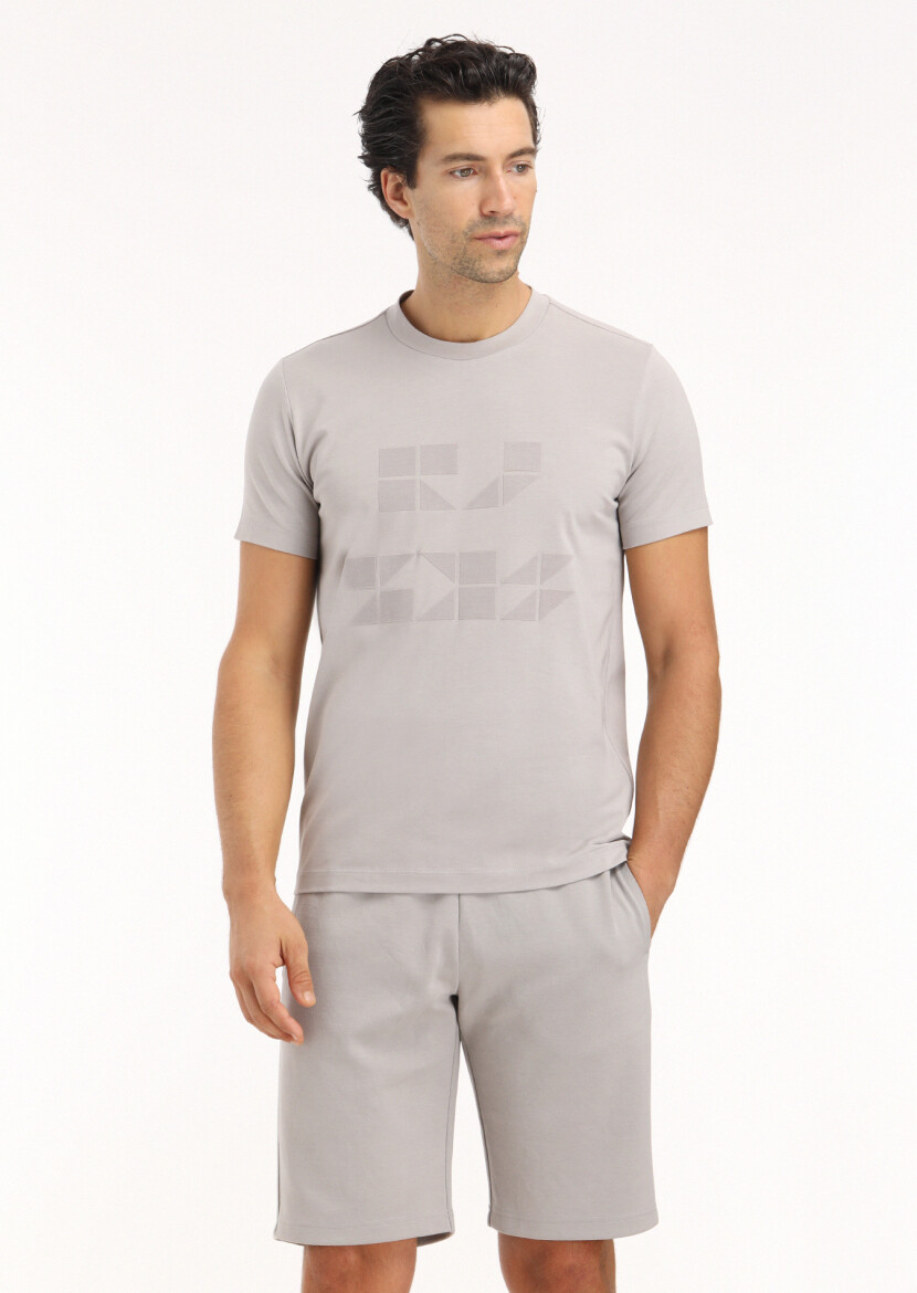 Light Grey Printed Crew Neck 100% Cotton T-Shirt - 2