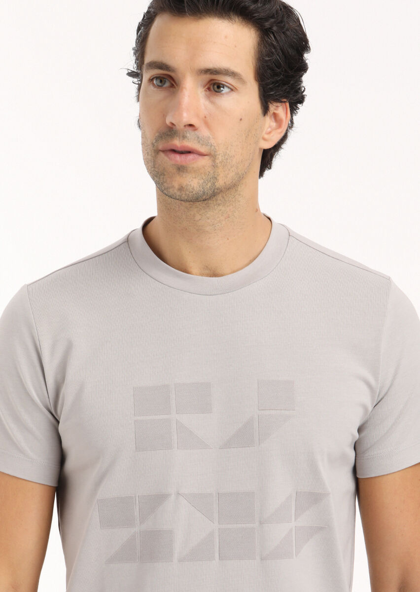 Light Grey Printed Crew Neck 100% Cotton T-Shirt - 3