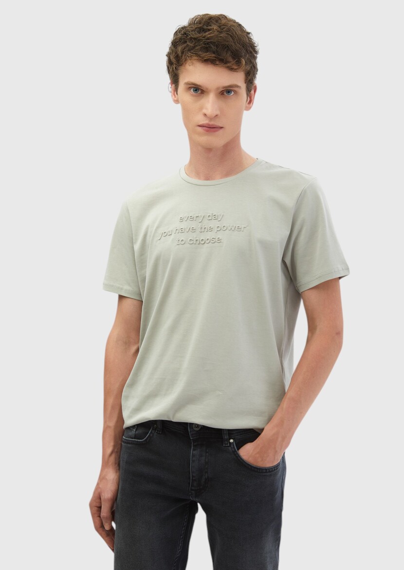 Light Grey Printed Crew Neck 100% Cotton T-Shirt - RAMSEY