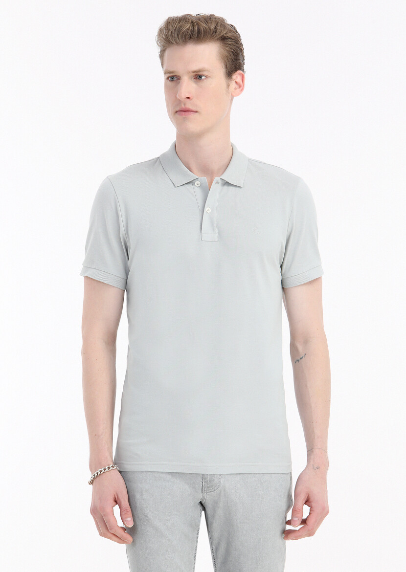 Light Grey Printed Polo Neck 100% Cotton T-Shirt - 2