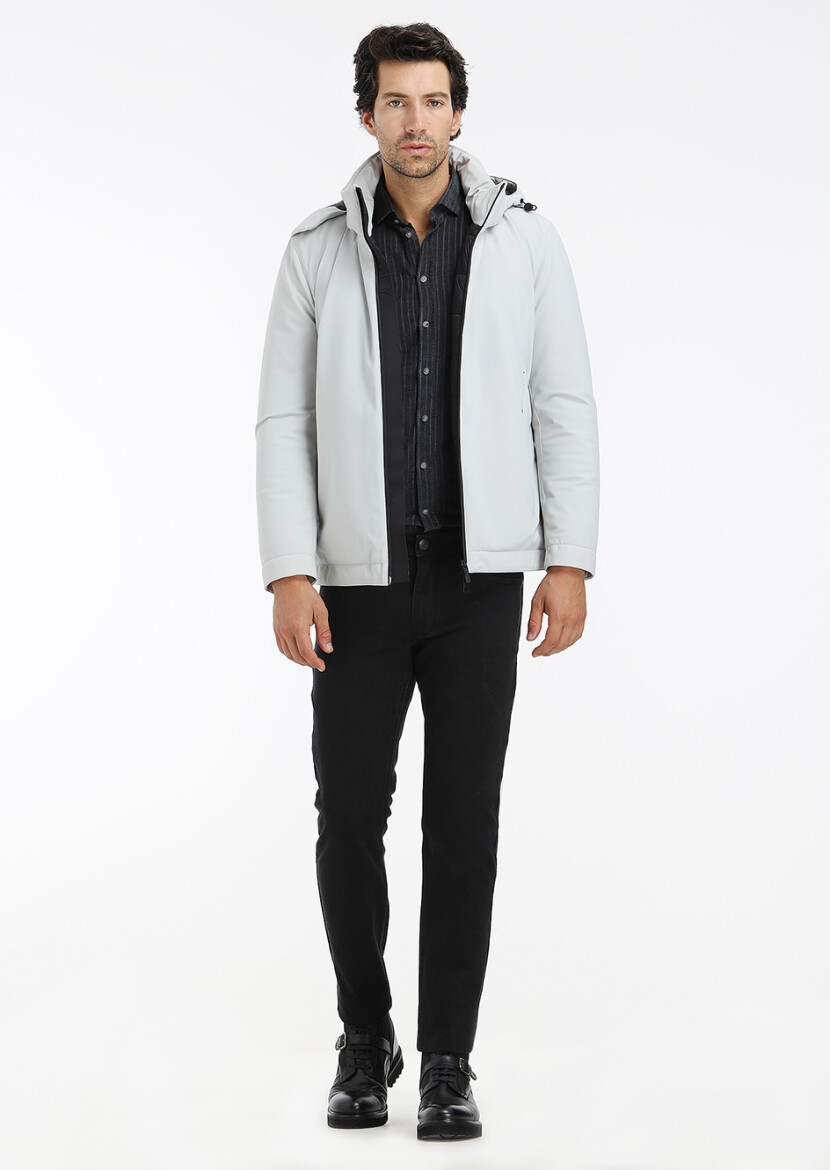 Light Grey Regular Fit Casual Weaving Removable Hood Coat - 1