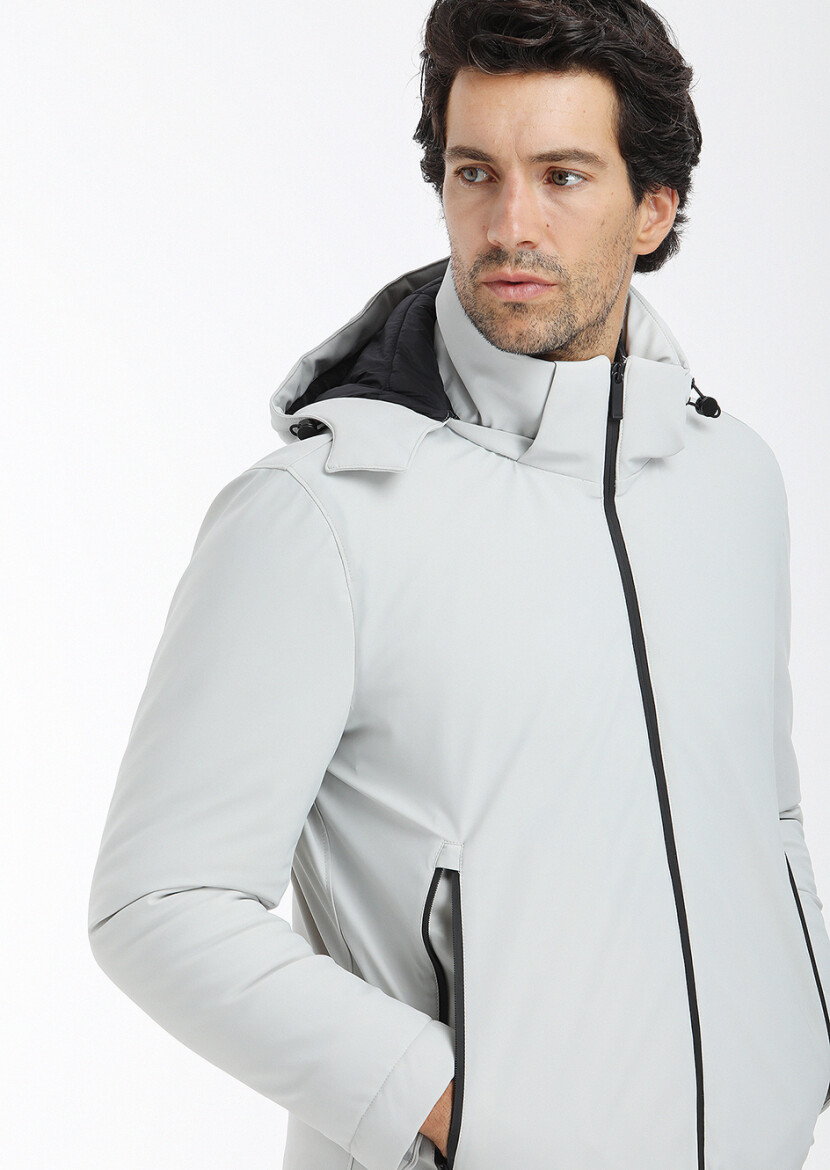 Light Grey Regular Fit Casual Weaving Removable Hood Coat - 4
