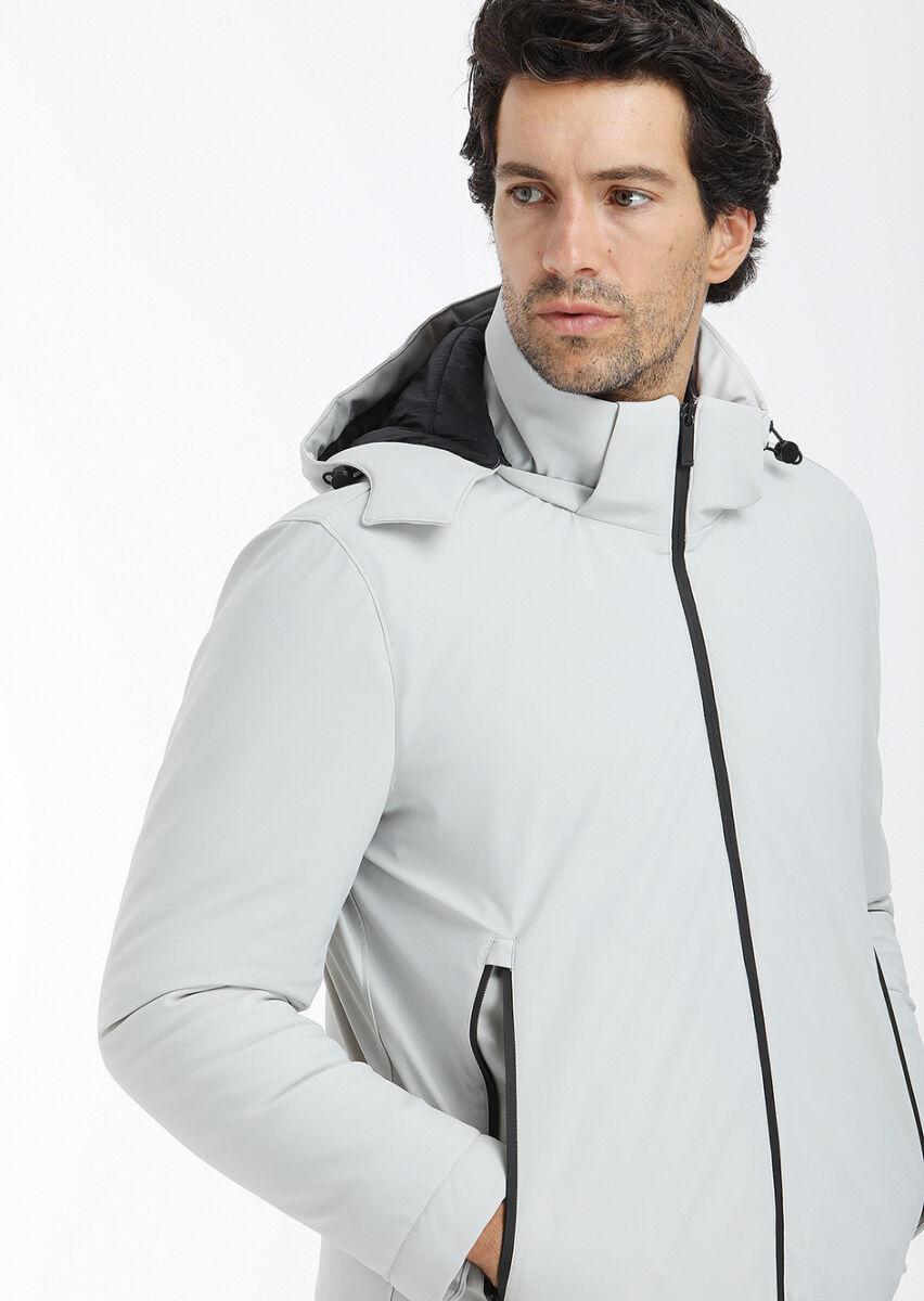 Light Grey Regular Fit Casual Weaving Removable Hood Coat - 4