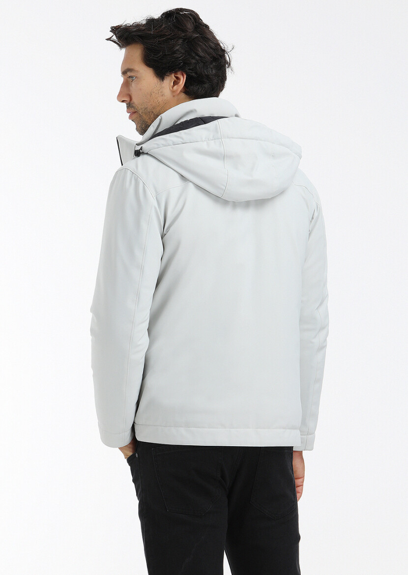 Light Grey Regular Fit Casual Weaving Removable Hood Coat - 5