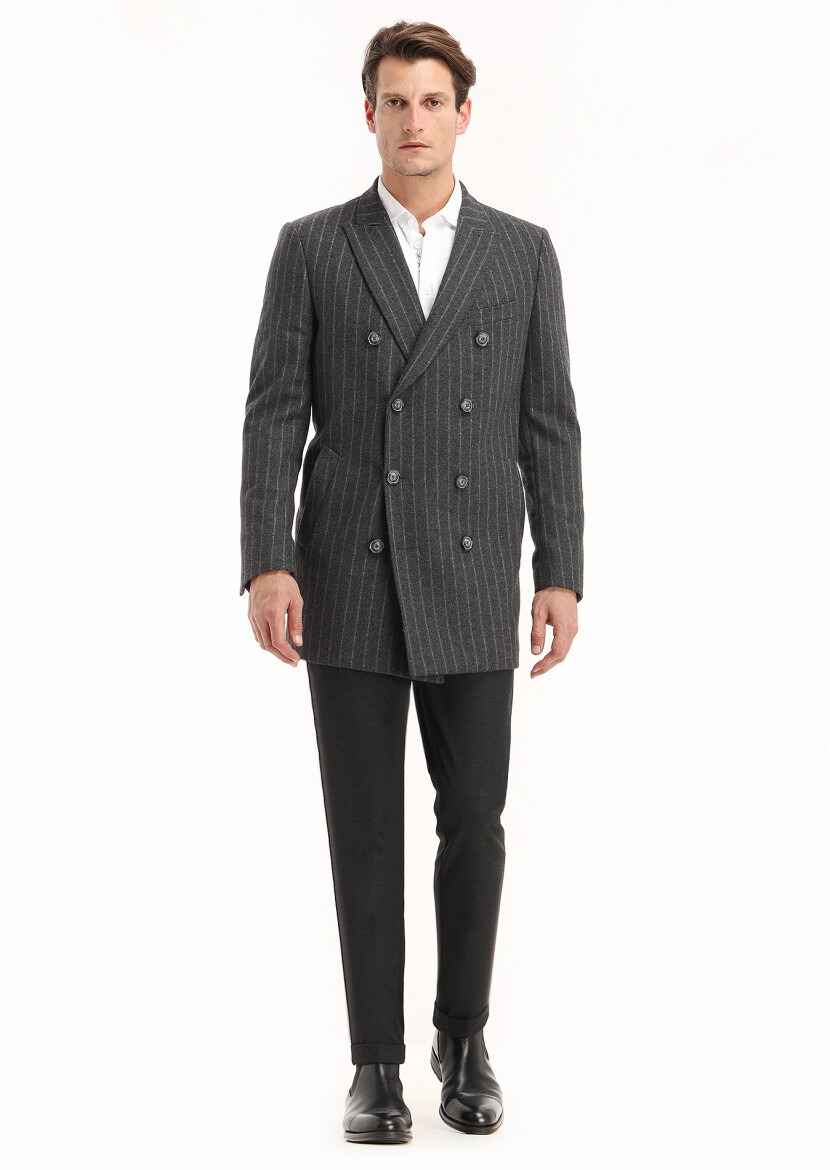 Light Grey Regular Fit Double Breasted Collar Casual Weaving Coat 