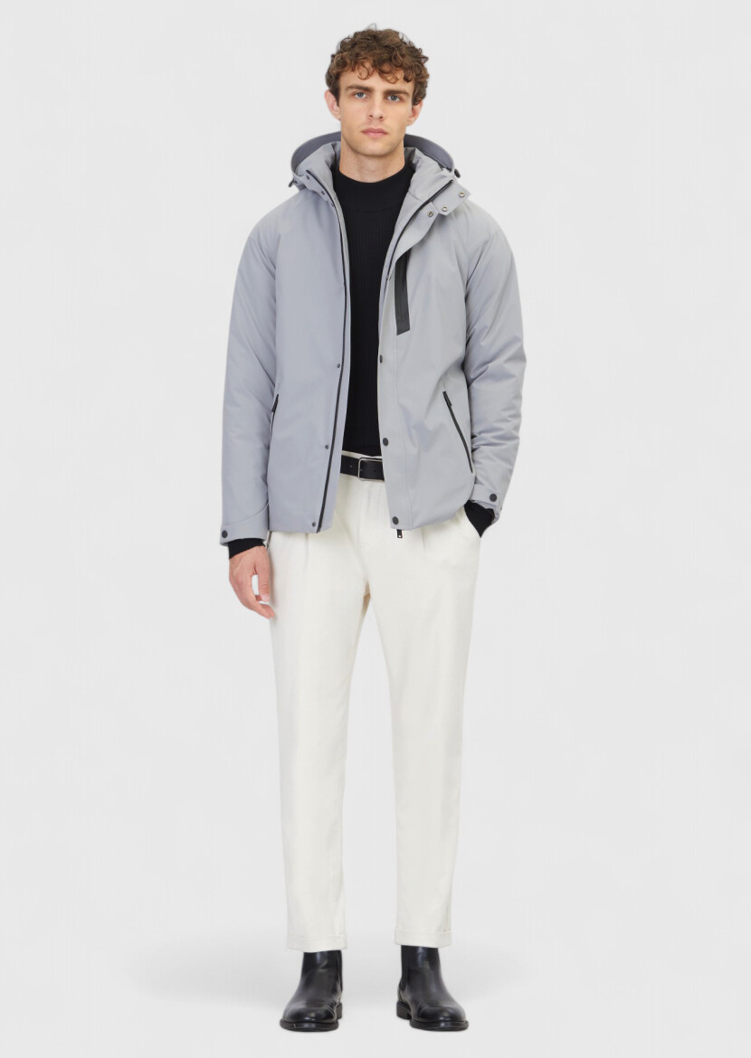 Light Grey Regular Fit Hooded Casual Weaving Coat - RAMSEY