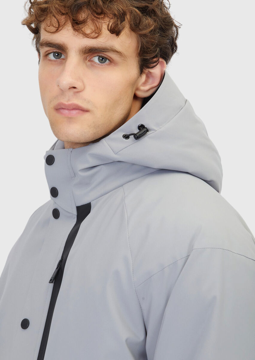 Light Grey Regular Fit Hooded Casual Weaving Coat - 5