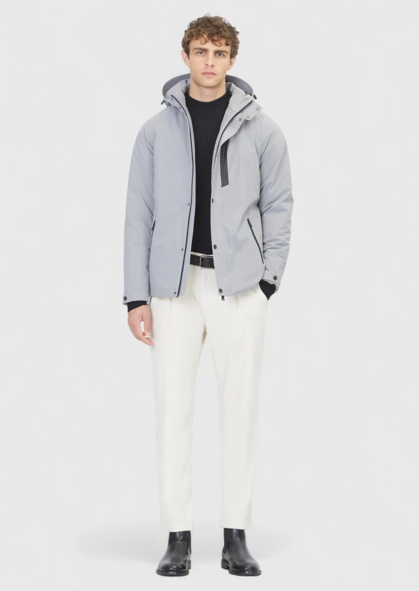 Light Grey Regular Fit Hooded Casual Weaving Coat - 2