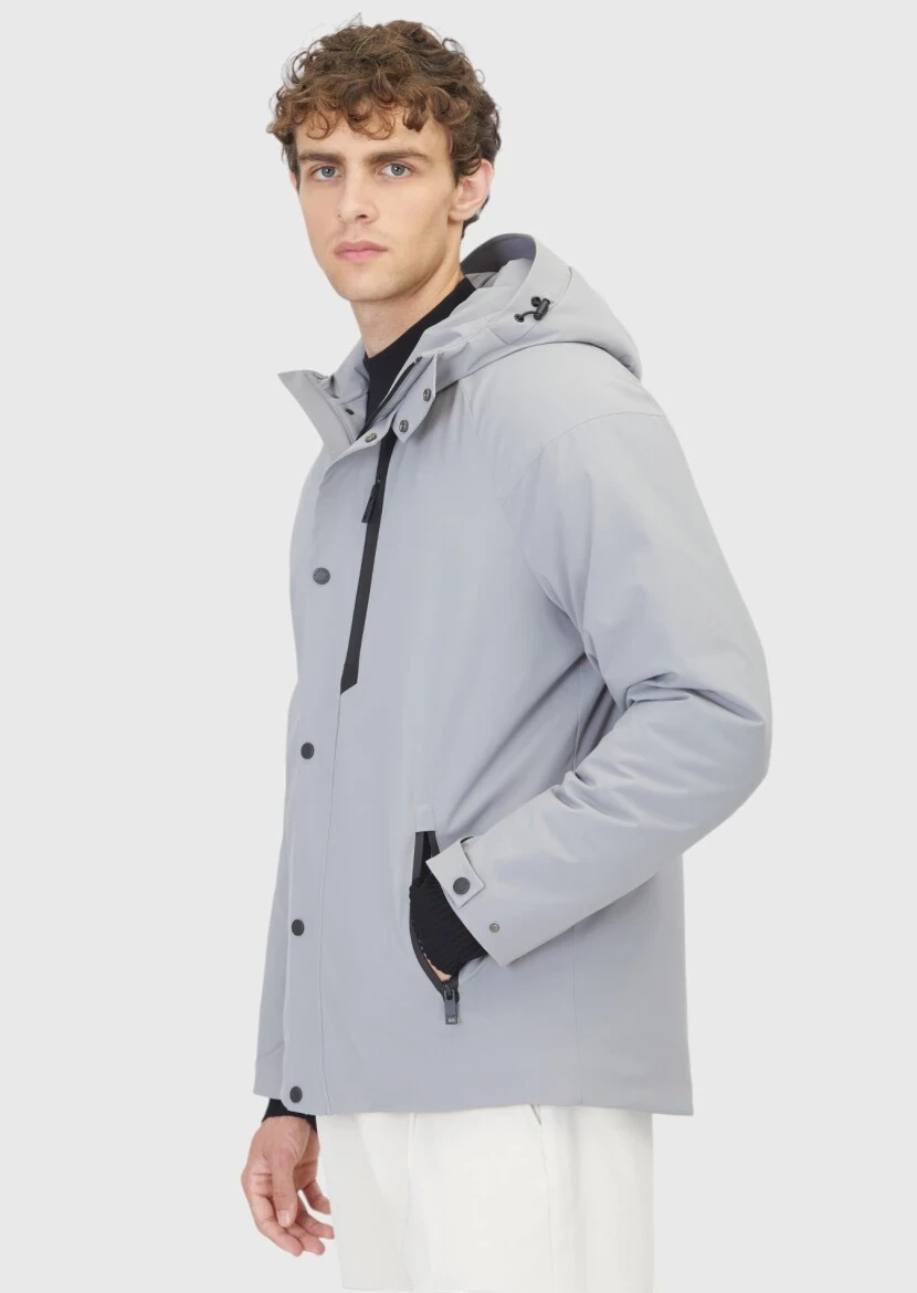 Light Grey Regular Fit Hooded Casual Weaving Coat - 3