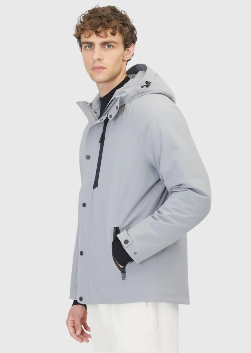 Light Grey Regular Fit Hooded Casual Weaving Coat - 3