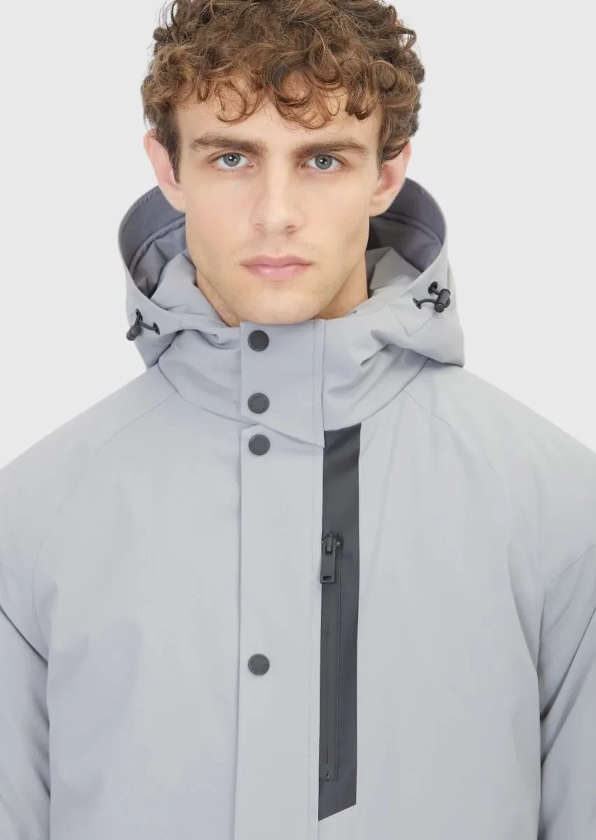 Light Grey Regular Fit Hooded Casual Weaving Coat - 4