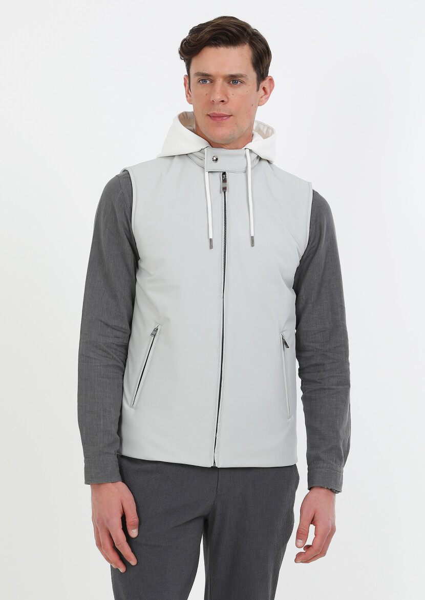 Light Grey Regular Fit Hooded Casual Weaving Puffer Vest - 1