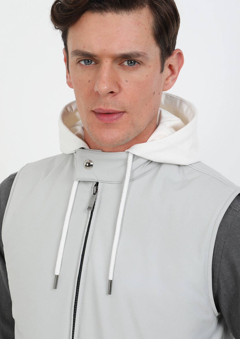 Light Grey Regular Fit Hooded Casual Weaving Puffer Vest - 2