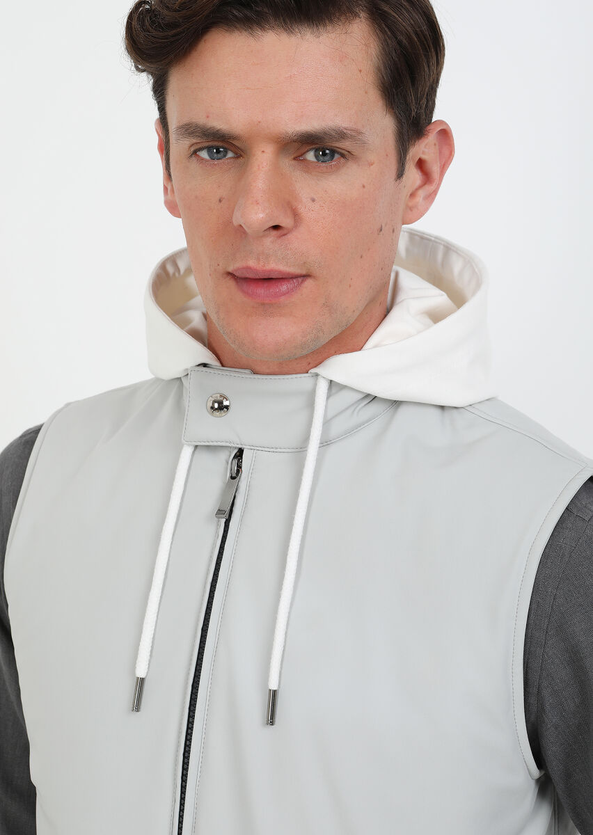 Light Grey Regular Fit Hooded Casual Weaving Puffer Vest - 2