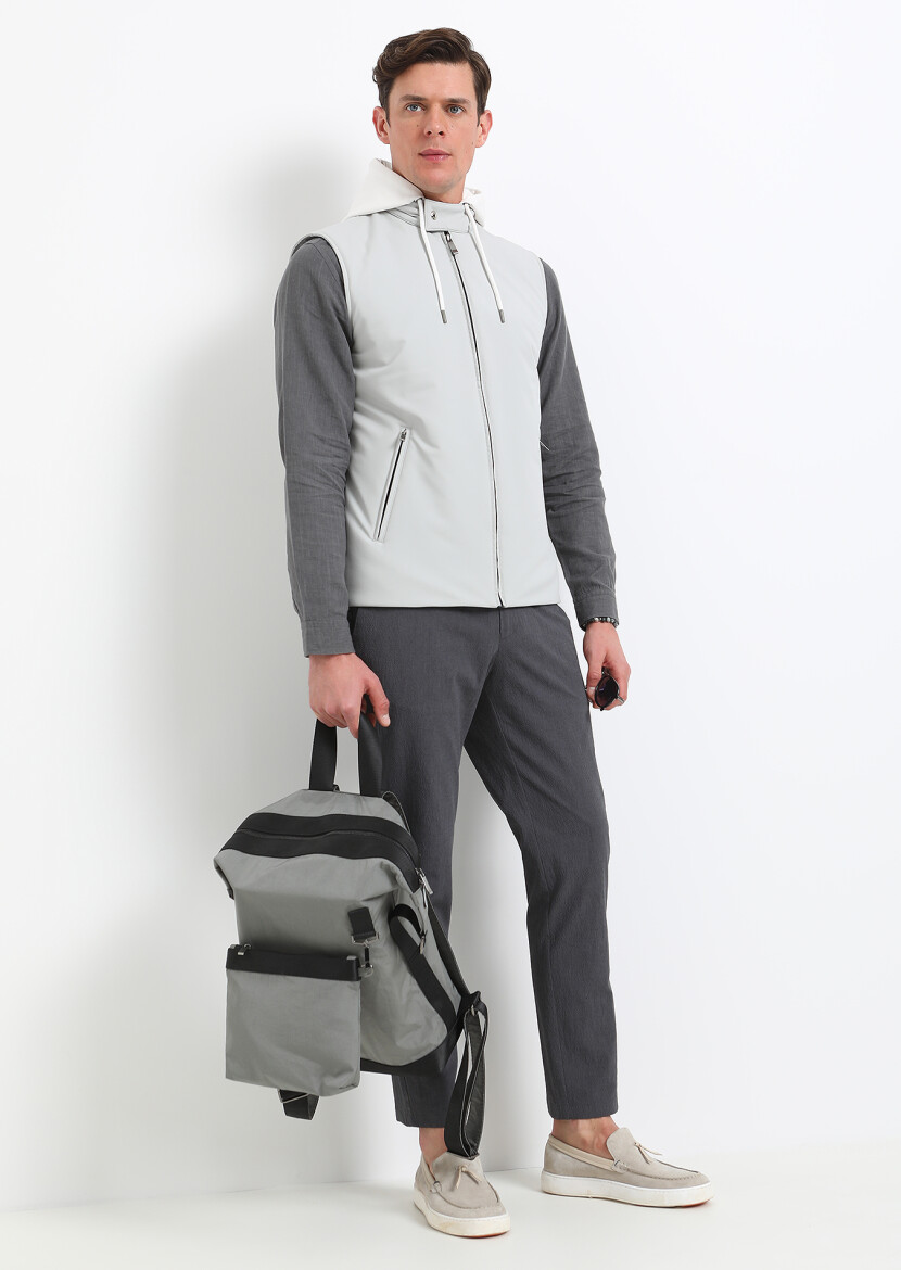 Light Grey Regular Fit Hooded Casual Weaving Puffer Vest - 4
