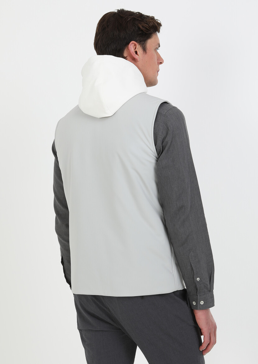 Light Grey Regular Fit Hooded Casual Weaving Puffer Vest - 6